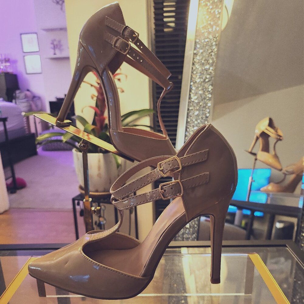 Nude Patent Leather Mary Jane Strappy Stilettos